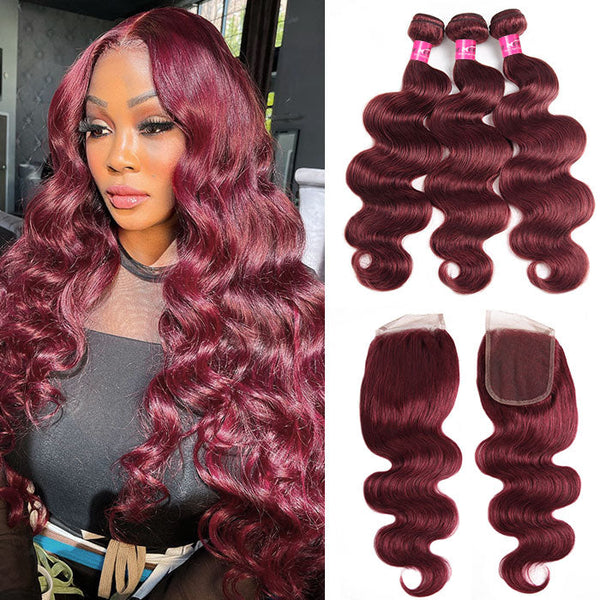 Burgundy Bundles With Closure Body Wave Human Hair 99J Colored Bundles Soft And Silky Hair
