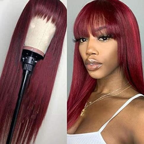 #99J Color Burgundy Straight Hair Machine Made Wig Human Hair Wig with Bangs