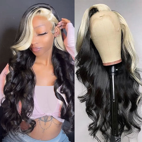 OneMore Skunk Stripe Hair Body Wave 13x4 Lace Front Wig Black with Blonde HD Lace Wig