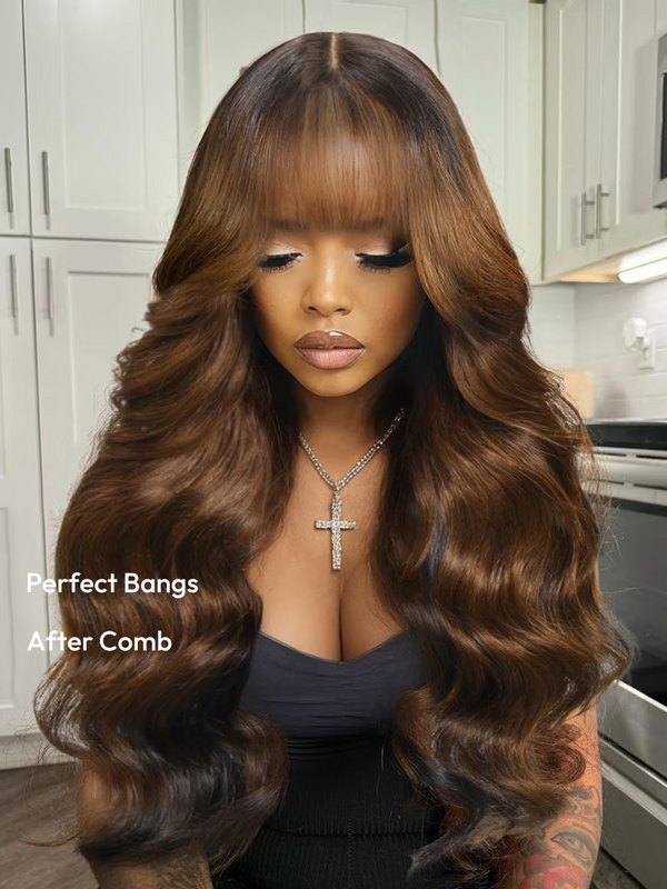 18'' UNice 7x5 Black Brown Money Piece Fluffy Loose Wave Curtain Bangs Wig Bye Bye Knots Wig