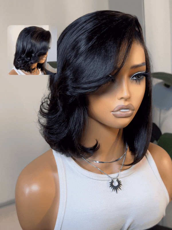 4x4 Lace Closure Black Bob Wig With Side Swept Bangs 150% Density