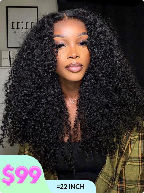 [22"=$99] Kinky Curly Super Bouncy Middle Part Lace Natural Black Human Hair Wigs