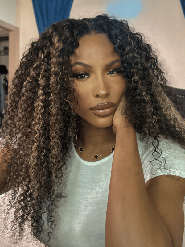 [From 20"] 6x4.5 Pre Cut Lace Curly Wig Put On And Go Quick Easy Black With Blonde Highlights 150% Density