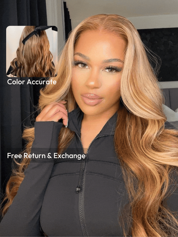 [Fit 18-24 Inch] ByeBye Knots Wig 7x5 Pre-Cut Glueless Lace Honey Blonde Body Wave Wig With Bleached Clean Knots With Invisi Drawstring