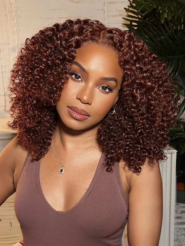 7x5 Bye-Bye Knots Lace Frontal Side Part Wig Reddish Brown Short Curly Bob Wig