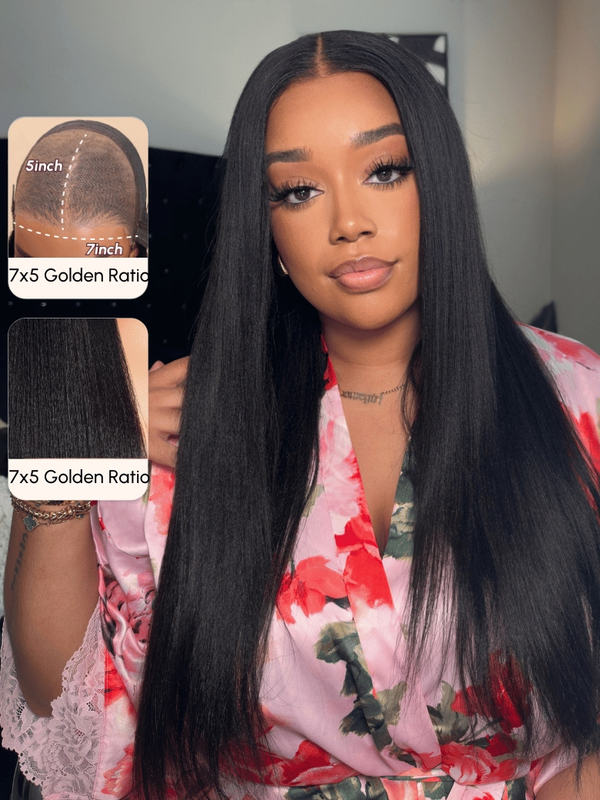 7x5 Bye Bye Knots Wig Glueless Lace Black Yaki Wig With Bleached Knots 150% Density
