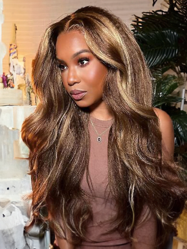 13x4 Lace Front Kinky Straight Honey Blonde Highlights Wig Super Secure Ear To Ear 150% Density Wig