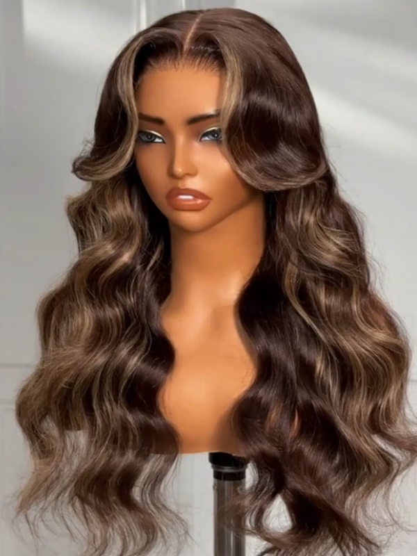 Chocolate Brown With Highlights Loose Wave Wig 7X5 Bye-bye knots With Face Framing Layers Member Only