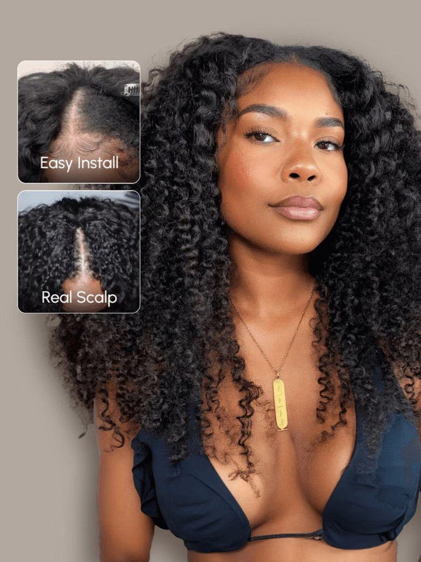 EasiContour Glueless V Part Kinky Curly Wig Protective Style Human Hair Wig 150% Density