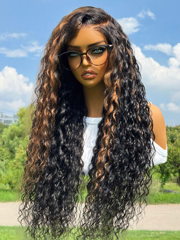 UNice Bye-Bye Knots™ 7x5 Lace Black with Caramel Piano Highlights Water Wave Wig With Invisi Drawstring 150% Density