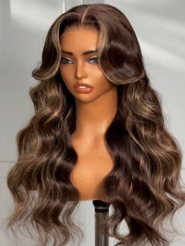 UNice Bye-Bye Knots 7x5 Lace Chocolate Brown Hair With Highlights Loose Wave Wig With Face Framing Layers 150% Density