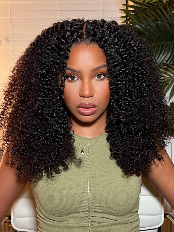 $1 Get 2nd Wig | Kinky Curly 4x4 Lace Tpart Natural Black Wig + Straight Bob Black Glueless Wig with Blunt Bangs