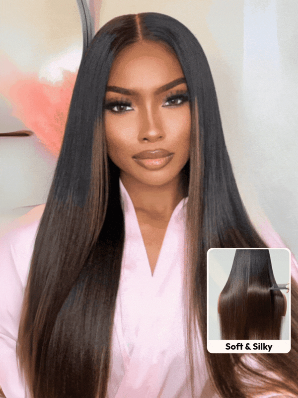 [Limited Exclusive Price] Bye-Bye Knots 7x5 Lace Black to Chestnut Brown Ombre Yaki Straight Wig With Invisi Drawstring & Loose Wave Wig