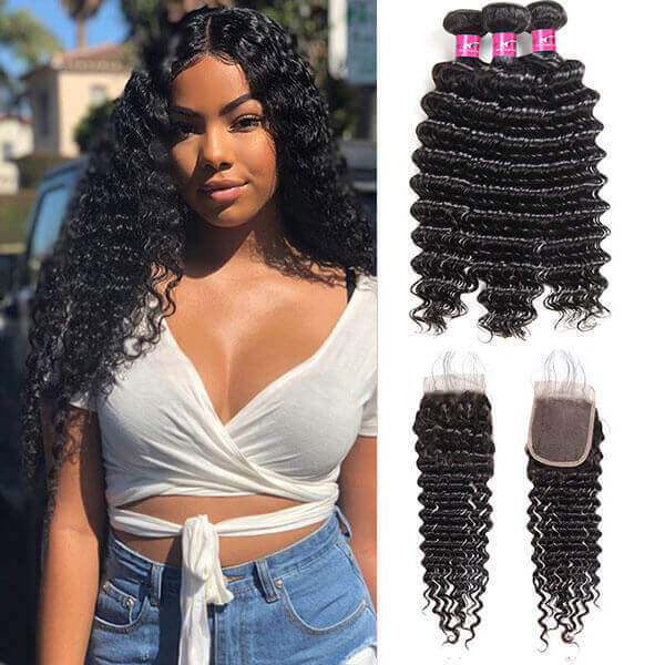 Virgin Malaysian Hair Deep Wave 3 Bundles with 4x4 Lace Closure