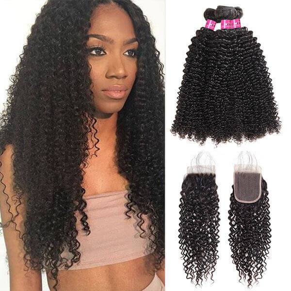 Curly Bundles with Closure Peruvian Curly Hair 3 Bundles with 4x4 Lace Closure