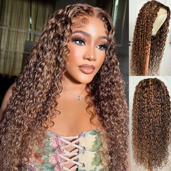 30 Inch Glueless Highlight Wigs Curly Hair Lace Front Wig Honey Blonde Highlights Wig