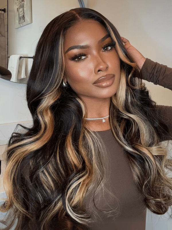 7x5 Lace Bye-Bye Knots Wig Loose Wave Butterscotch Highlights Brown Wig 150% Density