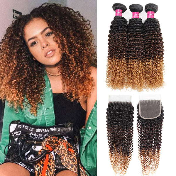1B/4/27 Ombre 3 Tone Brown and Blonde Highlight Color Curly Bundles With Closure