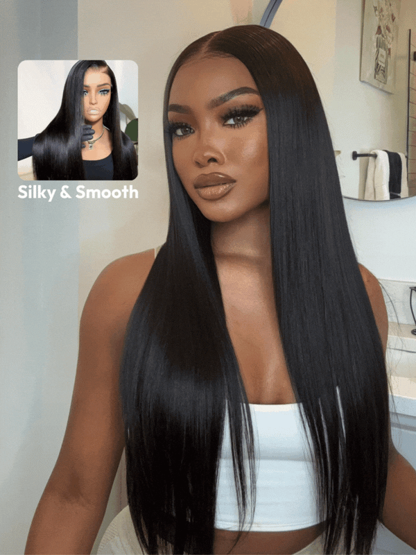 $1 Get 2nd Wig | Straight 4x0.75 Middle Part Breathable Lace Wig + Straight Bob Black Glueless Wig Natural Hairline 100% Human Hair with Blunt Bangs