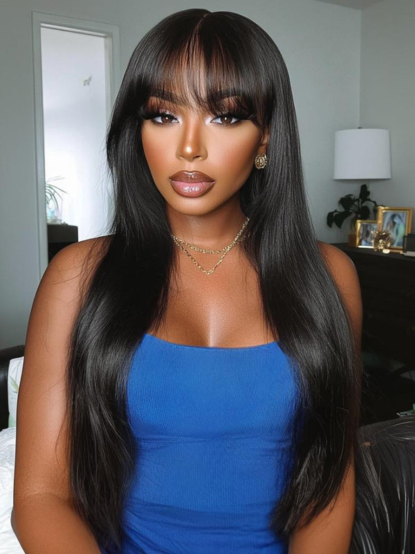 [18"=$99]Black Yaki Wig Human Hair Glueless Wig with Blunt Bangs & 13x4 Pre Everything Side Part Loose Wave With With Wispy Air Bangs