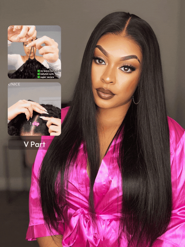 EasiContour™ V Part Glueless Yaki Straight Wig With Invisi Drawstring 100% Human Hair 150% Density