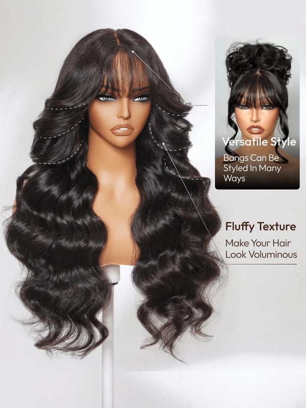 13x4 Pre-Everything Lace Frontal Black Fluffy Natural Color Loose Wave Wig WIth Banging Bangs
