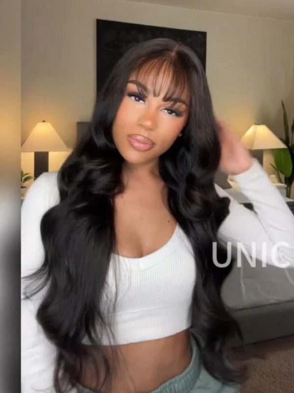 UNice 7x5 Bye-Bye Knots™ & 13x4 Pre-Everything™ Lace Frontal Pull And Go Black Fluffy Natural Loose Wave Curtain Bangs Wig with Invisi Drawstring