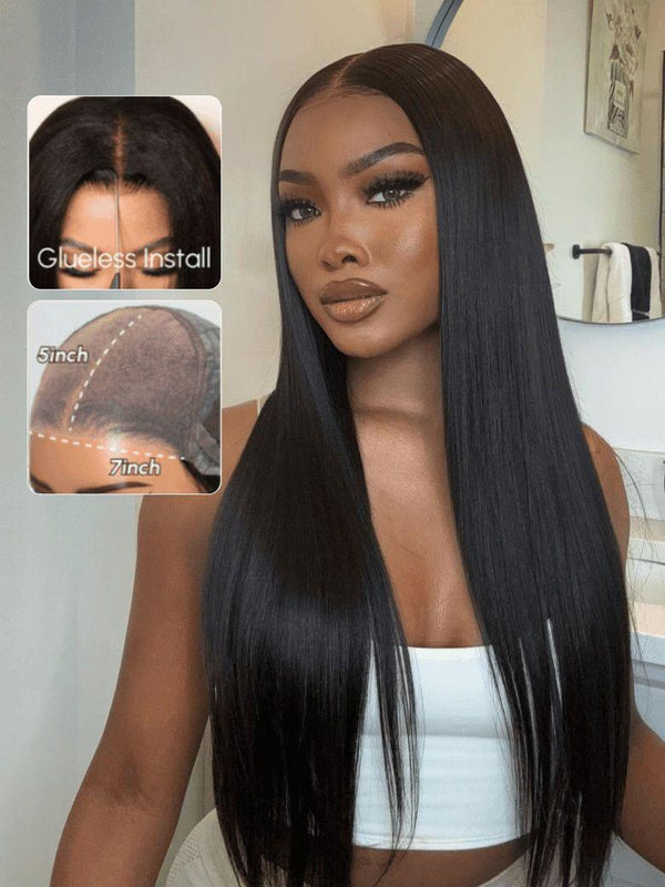 7x5 Lace ByeBye Knots Wig  Glueless Lace Black Straight Bleached Knots Wig No Baby Hair 150% Density