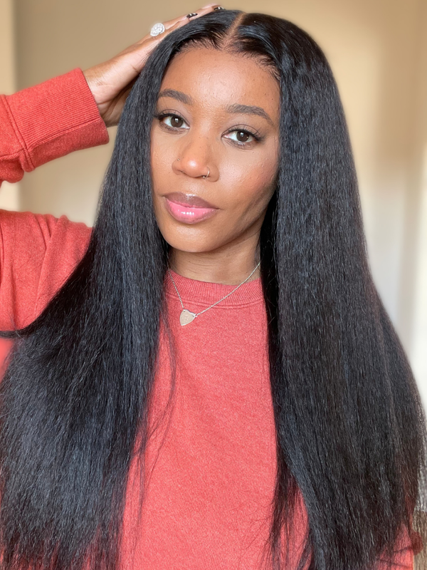 [24"=$109] 4x0.75 Lace Kinky Straight & 7x5 Lace Pre Plucked Yaki Straight Human Hair Wig Natural Wig 150% Density
