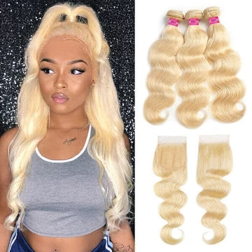 3 Bundles with 4x4 Lace Closure 613 Blonde Color Body Wave Hair