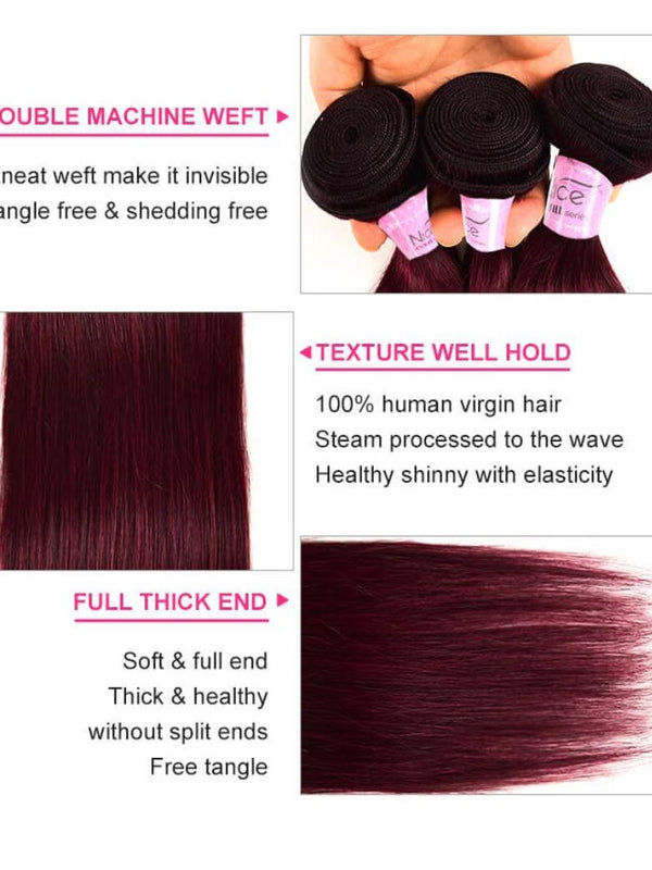 UNice 3 Bundles 99j Red Wine Red Burgundy Red Straight Human Hair