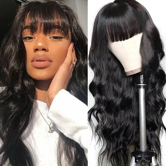 Body Wave Hair Machine Made Wig Glueless Wig with Bangs