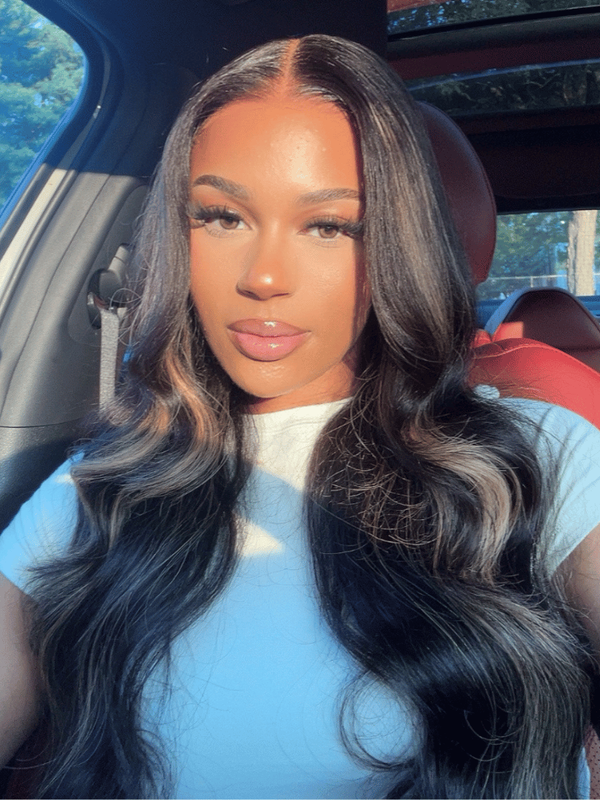 [US Only] 14 Inch UNice 7x5 Pre-Cut Glueless Lace Invisible Knots Black With Blonde Highlights Body Wave Human Hair Wig 150% Density