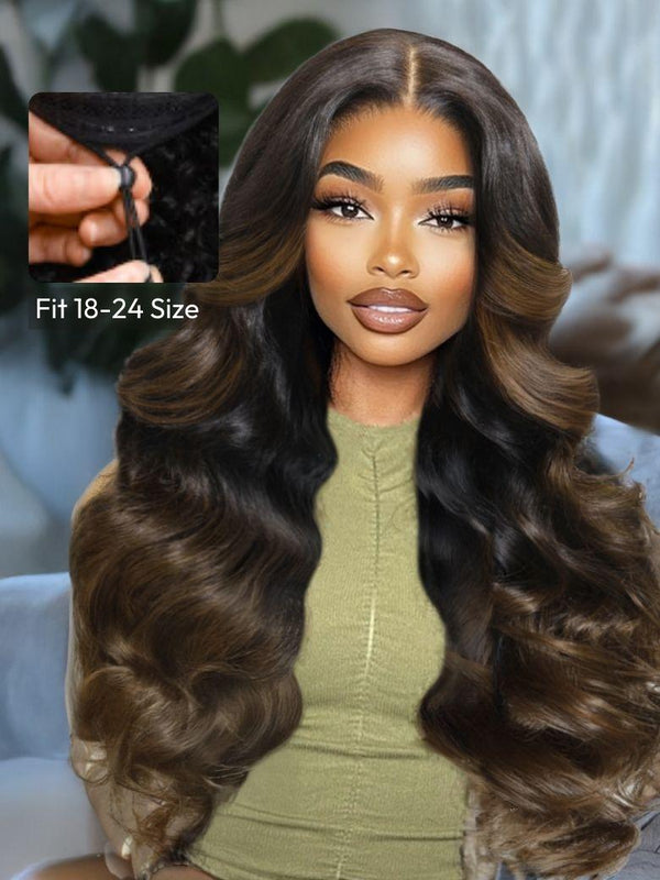 EasiContour™ V Part Black to Chestnut Brown Ombre Body Wave Wig With Invisi Drawstring