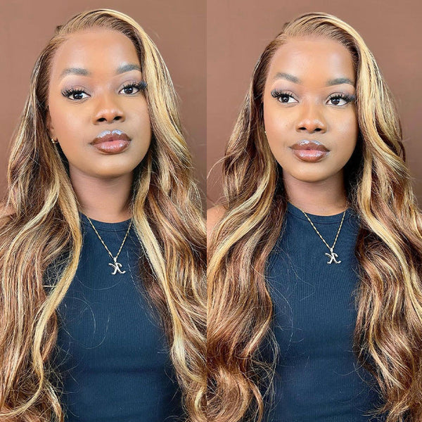 HD Lace P4/27 Honey Blonde Highlight Body Wave Wig Pre-Cut Glueless Lace Closure Wig