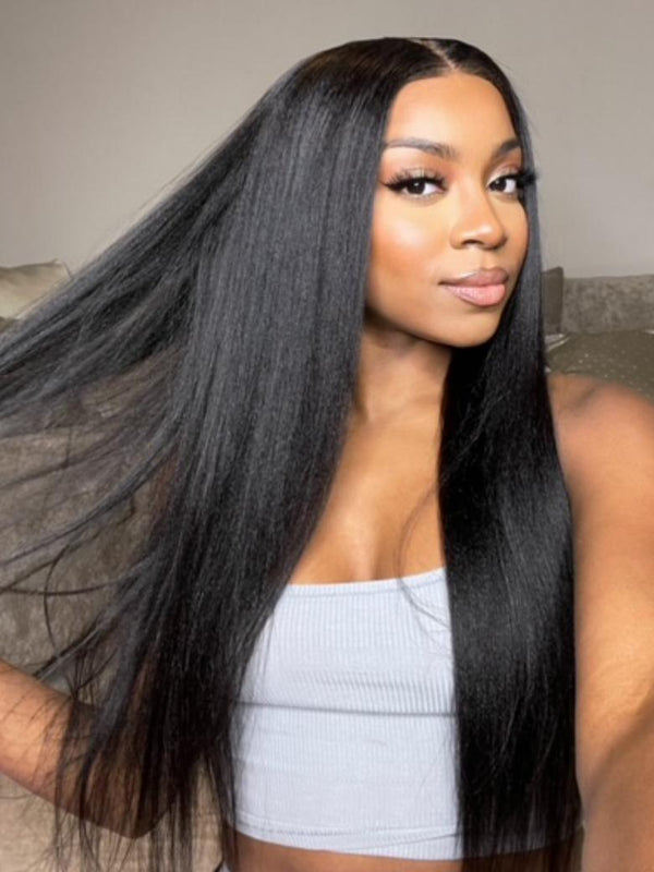[22"=$129] 7x5 Bye Bye Knots Glueless Lace Wig Black Yaki Wig Bleached Knots 150% Density with Baby Hair