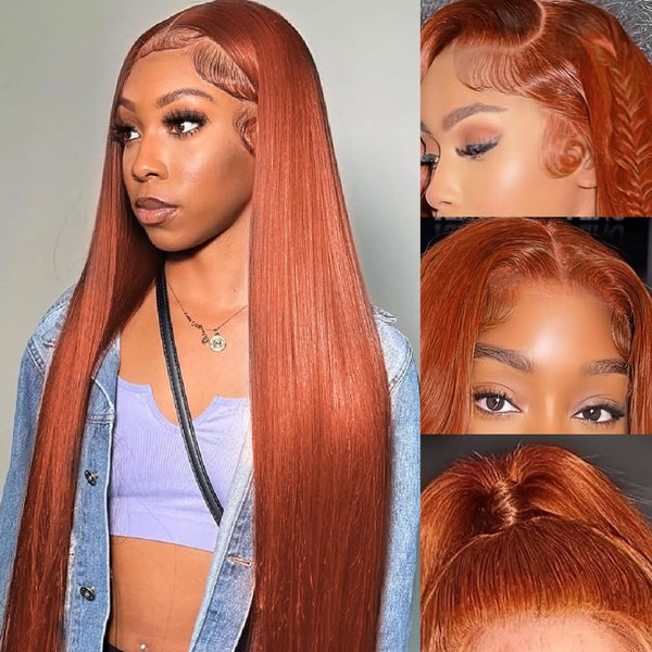 13x6 Lace Front Wigs,Glueless Synthetic HD Transparent Lace Wig,200% Density Straight with Baby Hair,Pre-Plucked Frontal Wigs for Women 30 Inch,Natural Hairline (Auburn)