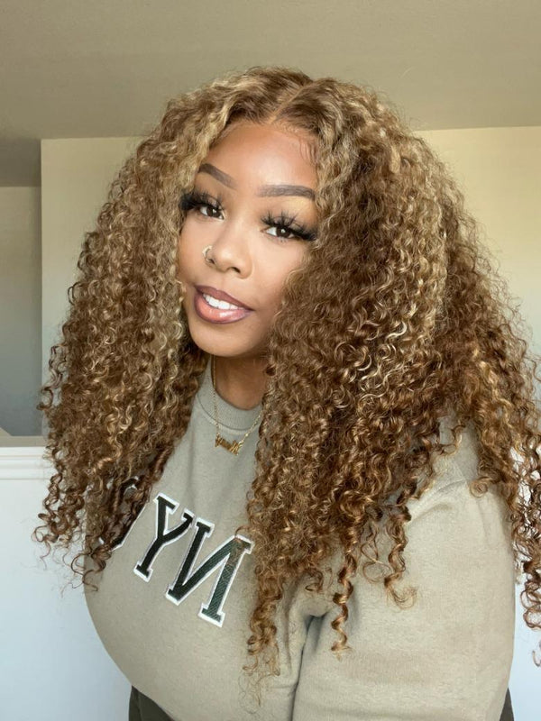 13x4 Pre-Everything Lace Frontal Honey Blonde Highlights Jerry Curly Wig Real Ear To Ear Super Secure