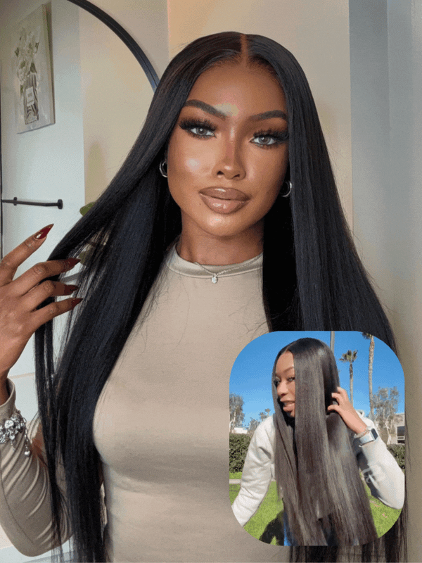 7x5 Bye Bye Knots™ Wig Glueless Lace Black Yaki Straight Wig With Elastic Drawstring 360 Cozy Hug
