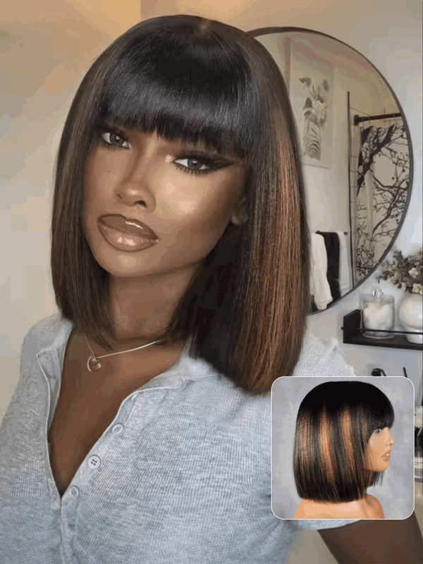 Timeless & Chic Style Balayage Highlights 4x2 Lace Bob Wig with Bang 150% Density