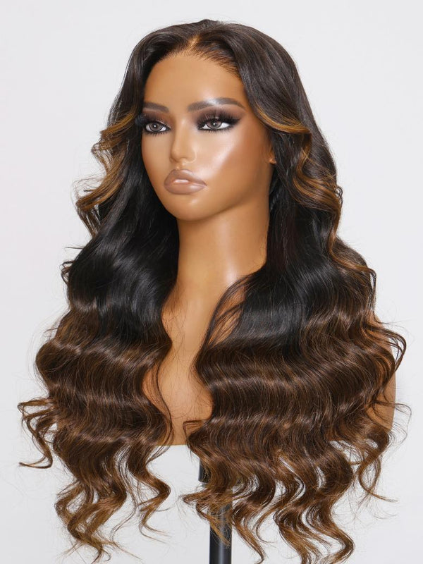 7x5 Bye Bye Knots Wig Glueless Lace Black to Chestnut Brown Ombre Loose Wave Wig With Bleached Knots 150% Density