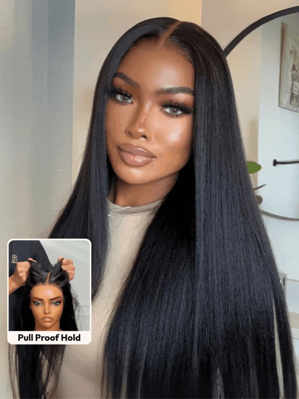 UNice Bye-Bye Slip™ Wig Black Yaki Straight Flexible Mesh Cap Wig with Secure Silicone Strips and Drawstring