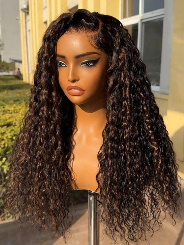 7x5 Bye-Bye Knots Black Wig With Golden Brown Highlights & Natural Black 150% Density Perfect Beach Look for Summer Limited Sale