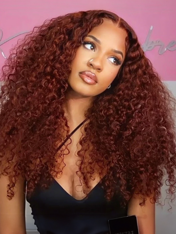 Put On And Go 6x4.5 Glueless Lace Bouncy Jerry Curly Reddish Brown Air Wig Brand Day Sale