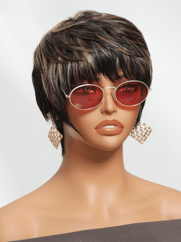 Light Brown Highlights Short Pixie Cut Human Hair Glueless Wig