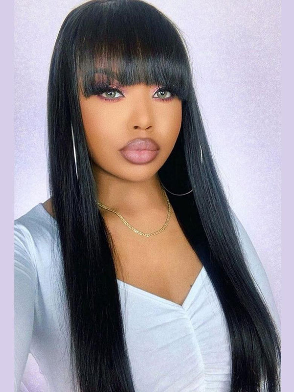 13x4 Transparent Lace Frontal Straight Hair With Bangs Pre Plucked Human Hair Wig