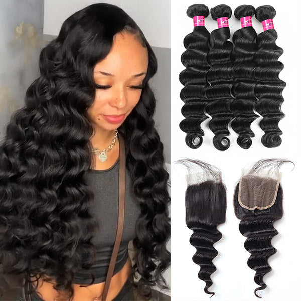 Loose Deep Wave Hair 4 Bundles with 4*4 Lace Closure Virgin Human Hair