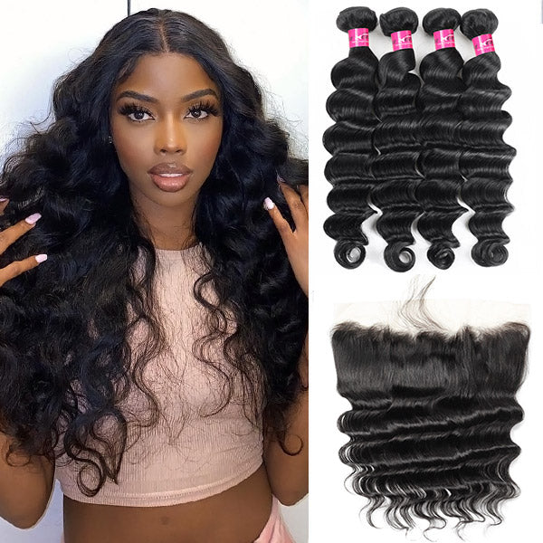 Brazilian Hair Loose Deep Human Hair 4 Bundles with 13*4 Lace frontal