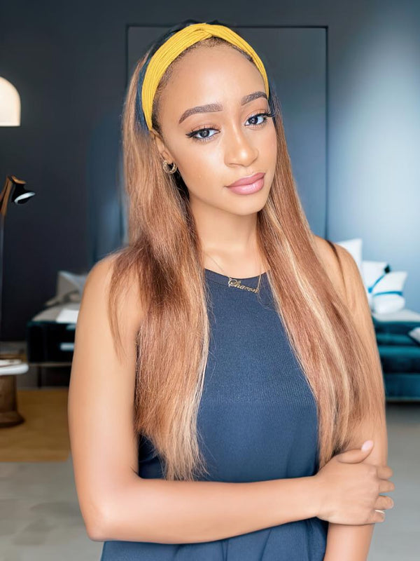 [US Only] 24 Inch Honey Blonde Ombre Straight Headband Wigs With Dark Roots 150% Density