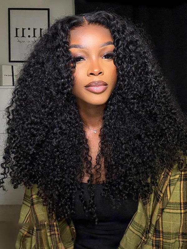 [22"=$99] Kinky Curly Super Bouncy Middle Lace Part Natural Black Human Hair Wigs